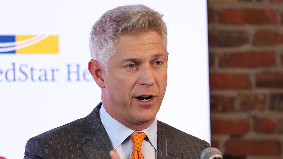 Nov 4, 2025; Baltimore, MD, USA; President of Baseball Operations Mike Elias introduces Craig Albernaz as the Baltimore Orioles new Manager at Warehouse Bar. Mandatory Credit: Daniel Kucin Jr.-Imagn Images
