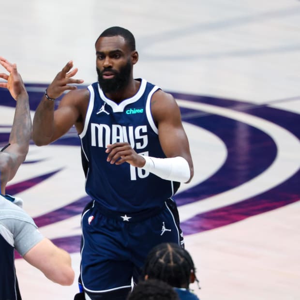 Jun 14, 2024; Dallas, Texas, USA; Dallas Mavericks forward Tim Hardaway Jr. (10) celebrates with teammates during the fourth quarter against the Boston Celtics during game four of the 2024 NBA Finals at American Airlines Center. Mandatory Credit: Kevin Jairaj-USA TODAY Sports