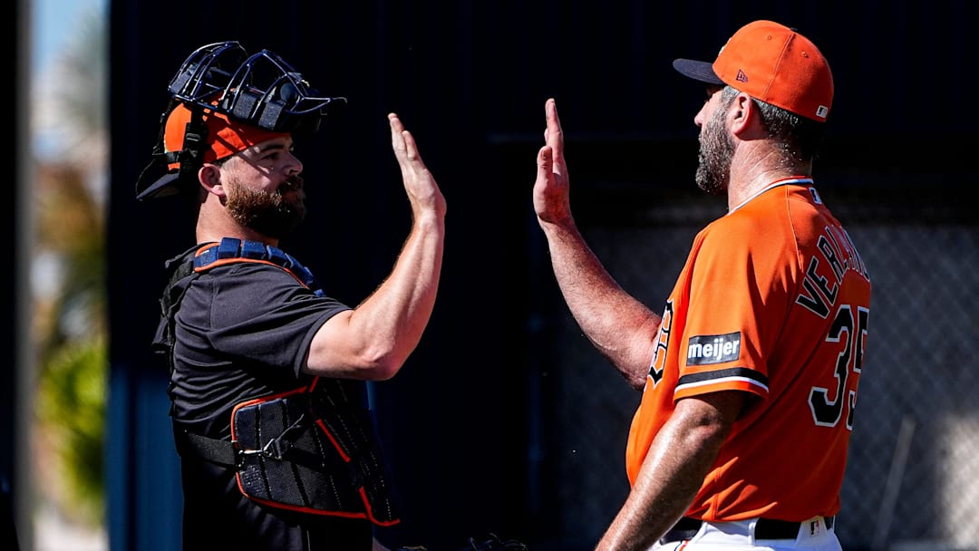 Detroit Tigers pitcher Justin Verlander high-fives catcher Jake Rogers.