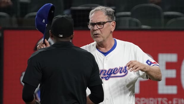 Rangers manager Bruce Bochy was ejected by home plate umpire Edwin Moscoso in the fifth inning Monday night.