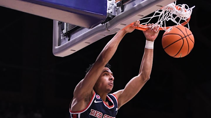 Feb 26, 2025; Indianapolis, Indiana, USA; St. John's basketball guard RJ Luis Jr. (12) dunks the ball during the second half against the Butler Bulldogs at Hinkle Fieldhouse.