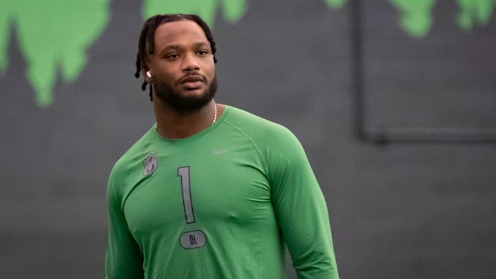 Oregon defensive end Jordan Burch during the Oregon football’s Pro Day Tuesday, March 18, 2025, at the Moshofsky Center in Eugene, Ore.