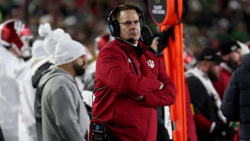 Dec 20, 2024; Notre Dame, Indiana, USA; Indiana Hoosiers head coach Curt Cignetti during the first half against the Notre Dame Fighting Irish at Notre Dame Stadium. Mandatory Credit: Trevor Ruszkowski-Imagn Images