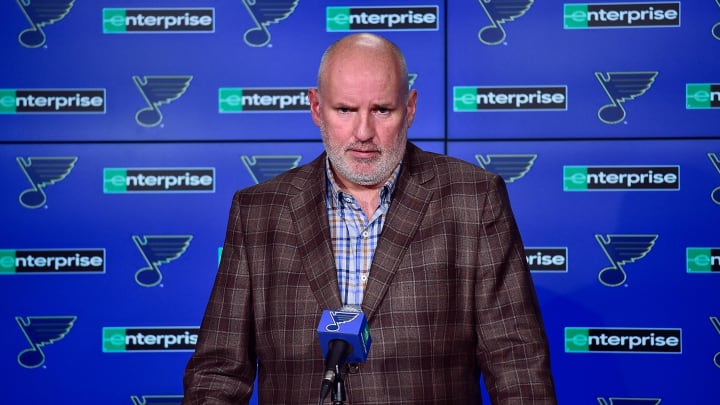 Feb 18, 2020; St. Louis, Missouri, USA;  St. Louis Blues general manager Doug Armstrong talks with the media about the acquisition of defenseman Marco Scandella from the Montreal Canadians prior to a game against the New Jersey Devils at Enterprise Center. Mandatory Credit: Jeff Curry-USA TODAY Sports