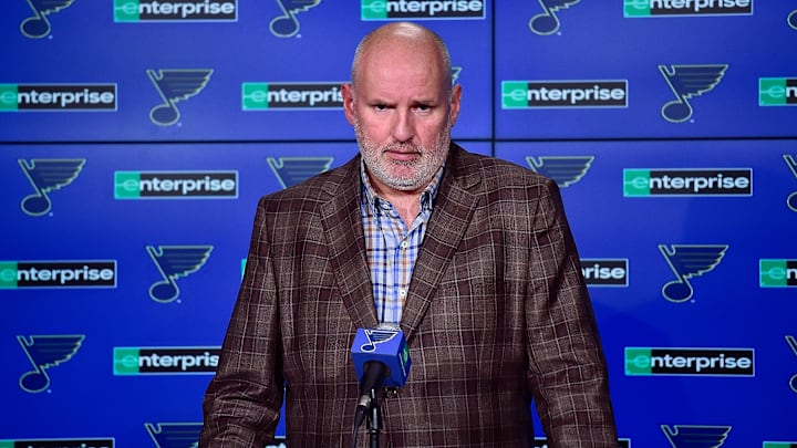 Feb 18, 2020; St. Louis, Missouri, USA;  St. Louis Blues general manager Doug Armstrong talks with the media about the acquisition of defenseman Marco Scandella from the Montreal Canadiens prior to a game against the New Jersey Devils at Enterprise Center. Mandatory Credit: Jeff Curry-Imagn Images