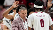 Nov 13, 2025; Tuscaloosa, Alabama, USA; Alabama head coach Nate Oats talks to Alabama guard Labaron Philon Jr. (0) during a timeout at Coleman Coliseum. Purdue defeated Alabama 87-80. Mandatory Credit: Gary Cosby Jr.-Tuscaloosa News