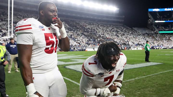 Sep 26, 2026; University Park, Pennsylvania, USA;  Wisconsin Badgers offensive linebacker Tyreese Fearbry (7) reacts while exiting the field following the game against the Penn State Nittany Lions at West Shore Home Field at Beaver Stadium.  Mandatory Credit: Matthew O'Haren-Imagn Images