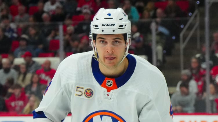 Apr 2, 2023; Raleigh, North Carolina, USA;  New York Islanders defenseman Samuel Bolduc (4) looks on