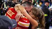 Feb 11, 2024: Kansas City Chiefs tight end Travis Kelce celebrates with girlfriend Taylor Swift after defeating the San Francisco 49ers in Super Bowl LVIII.