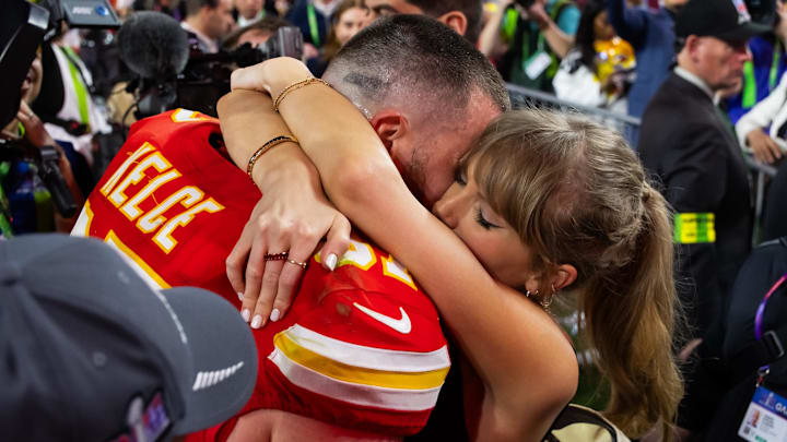 Feb 11, 2024: Kansas City Chiefs tight end Travis Kelce celebrates with girlfriend Taylor Swift after defeating the San Francisco 49ers in Super Bowl LVIII.