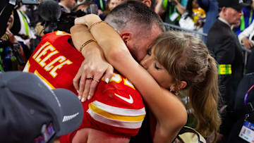 Kansas City Chiefs tight end Travis Kelce celebrates with girlfriend Taylor Swift after Super Bowl LVIII