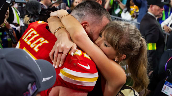 Kansas City Chiefs tight end Travis Kelce celebrates with girlfriend Taylor Swift after Super Bowl LVIII Kansas City Chiefs tight end Travis Kelce celebrates with girlfriend Taylor Swift after Super Bowl LVIII