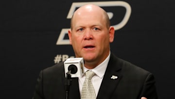 Purdue football head coach Barry Odom addresses the media Tuesday, Dec. 10, 2024, during the welcoming of Odom at Mackey Arena in West Lafayette, Ind.