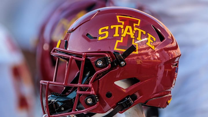 Nov 9, 2024; Kansas City, Missouri, USA; Iowa State Cyclones helmets on the bench during the first quarter against the Kansas Jayhawks at GEHA Field at Arrowhead Stadium. Nov 9, 2024; Kansas City, Missouri, USA; Iowa State Cyclones helmets on the bench during the first quarter against the Kansas Jayhawks at GEHA Field at Arrowhead Stadium.