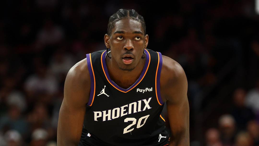 Apr 27, 2026; Phoenix, Arizona, USA; Phoenix Suns forward Rasheer Fleming (20) against the Oklahoma City Thunder during game four of the first round of the 2026 NBA Playoffs at Mortgage Matchup Center. Mandatory Credit: Mark J. Rebilas-Imagn Images
