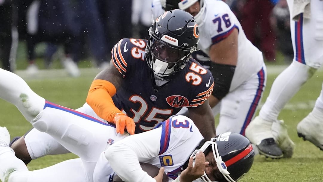 Nov 9, 2025; Chicago, Illinois, USA; Chicago Bears safety C.J. Gardner-Johnson (35) sacks New York Giants quarterback Russell Wilson (3) at Soldier Field.