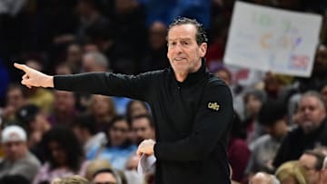 Dec 13, 2024; Cleveland, Ohio, USA; Cleveland Cavaliers head coach Kenny Atkinson reacts during the first half against the Washington Wizards at Rocket Mortgage FieldHouse. Mandatory Credit: Ken Blaze-Imagn Images