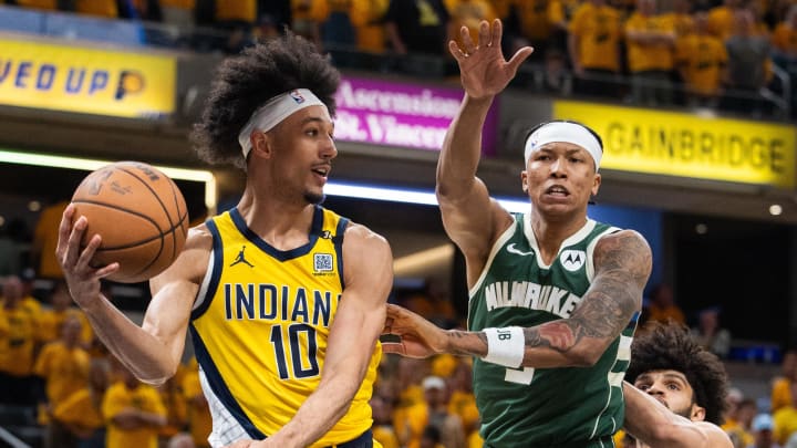 May 2, 2024; Indianapolis, Indiana, USA; Indiana Pacers guard Kendall Brown (10) passes the ball while Milwaukee Bucks forward MarJon Beauchamp (3) defends during game six of the first round for the 2024 NBA playoffs at Gainbridge Fieldhouse. Mandatory Credit: Trevor Ruszkowski-USA TODAY Sports