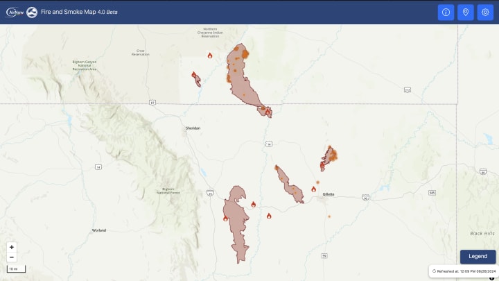 The four largest Wyoming wildfires in the northeastern corner of the state, now extending into Montana 