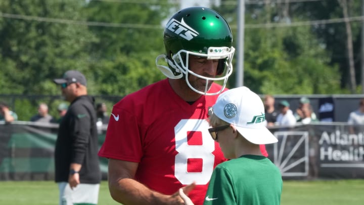 Florham Park, NJ -- July 27, 2024 -- Quarterback, Aaron Rodgers during the New York Jets training camp this morning.