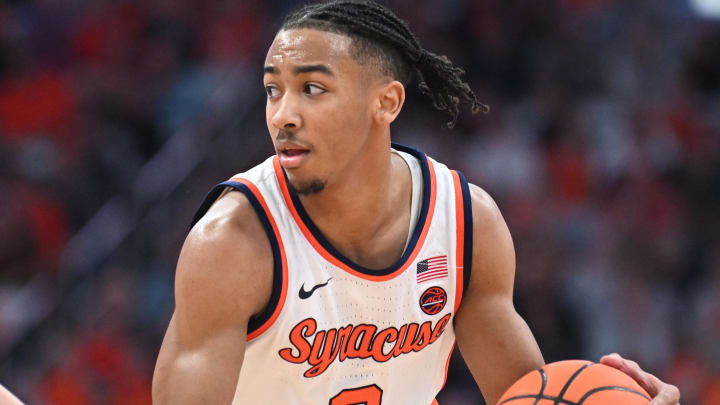 Feb 27, 2024; Syracuse, New York, USA; Syracuse Orange guard Judah Mintz (3) brings the ball up court in the second half against the Virginia Tech Hokies at the JMA Wireless Dome. Mandatory Credit: Mark Konezny-USA TODAY Sports