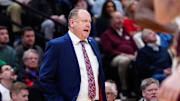 Mar 20, 2025; Denver, CO, USA; Wisconsin Badgers head coach Greg Gard looks on during the first half against the Montana Grizzlies in the first round of the NCAA Tournament at Ball Arena. Mandatory Credit: Ron Chenoy-Imagn Images
