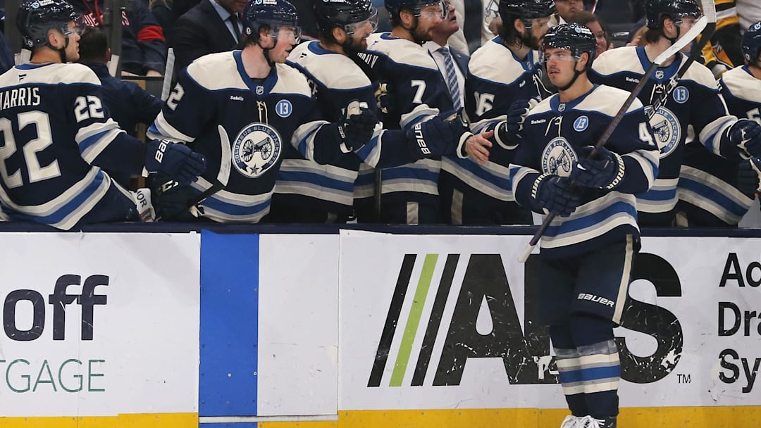 Nov 15, 2024; Columbus, Ohio, USA; Columbus Blue Jackets center Cole Sillinger (4) celebrates his goal against the Pittsburgh Penguins during the third period at Nationwide Arena. Mandatory Credit: Russell LaBounty-Imagn Images