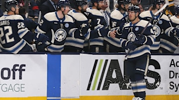 Nov 15, 2024; Columbus, Ohio, USA; Columbus Blue Jackets center Cole Sillinger (4) celebrates his goal against the Pittsburgh Penguins during the third period at Nationwide Arena. Mandatory Credit: Russell LaBounty-Imagn Images