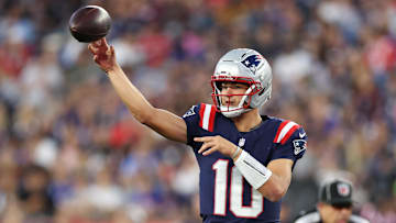 Aug 8, 2025; Foxborough, Massachusetts, USA; New England Patriots quarterback Drake Maye (10) passes the ball during the first half against the Washington Commanders at Gillette Stadium. Mandatory Credit: Paul Rutherford-Imagn Images