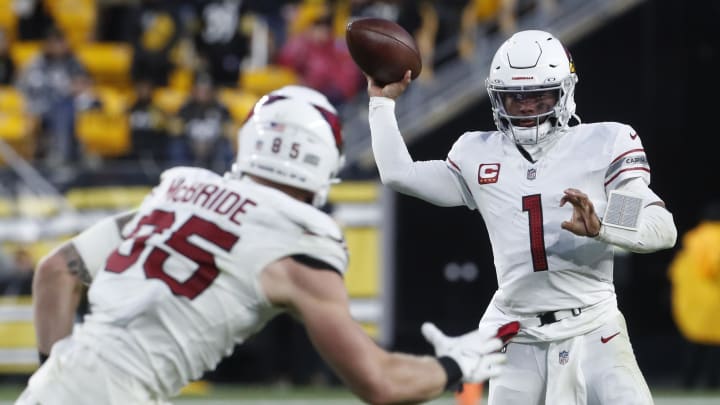 Dec 3, 2023; Pittsburgh, Pennsylvania, USA;  Arizona Cardinals quarterback Kyler Murray (1) passes the ball to tight end Trey McBride (85) against the Pittsburgh Steelers during the fourth quarter at Acrisure Stadium. Mandatory Credit: Charles LeClaire-USA TODAY Sports