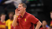 Nov 14, 2025; Inglewood, California, USA; Southern California Trojans head coach Eric Musselman reacts during the second half of the Hall of Fame Series game against the Illinois State Redbirds at Intuit Dome. Mandatory Credit: Kiyoshi Mio-Imagn Images