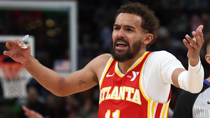 Trae Young #11 of the Atlanta Hawks reacts against the Memphis Grizzlies.