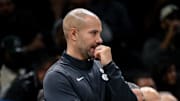 Nov 3, 2025; Brooklyn, New York, USA; Brooklyn Nets head coach Jordi Fernandez during the first half against the Minnesota Timberwolves at Barclays Center. Mandatory Credit: John Jones-Imagn Images