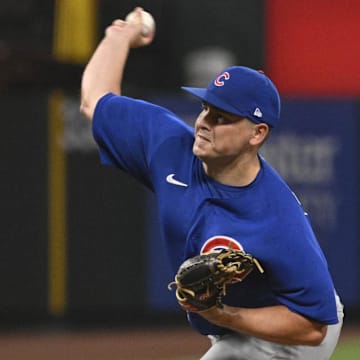 Jul 27, 2023; St. Louis, Missouri, USA; Chicago Cubs relief pitcher Michael Rucker (59) pitches against the St. Louis Cardinals in the ninth inning at Busch Stadium