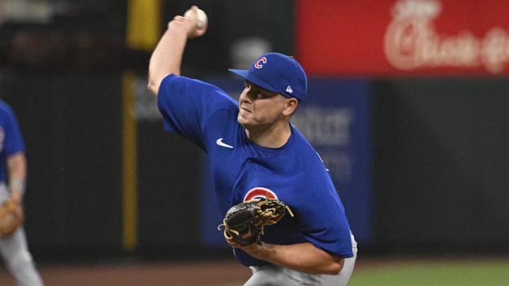 Jul 27, 2023; St. Louis, Missouri, USA; Chicago Cubs relief pitcher Michael Rucker (59) pitches against the St. Louis Cardinals in the ninth inning at Busch Stadium