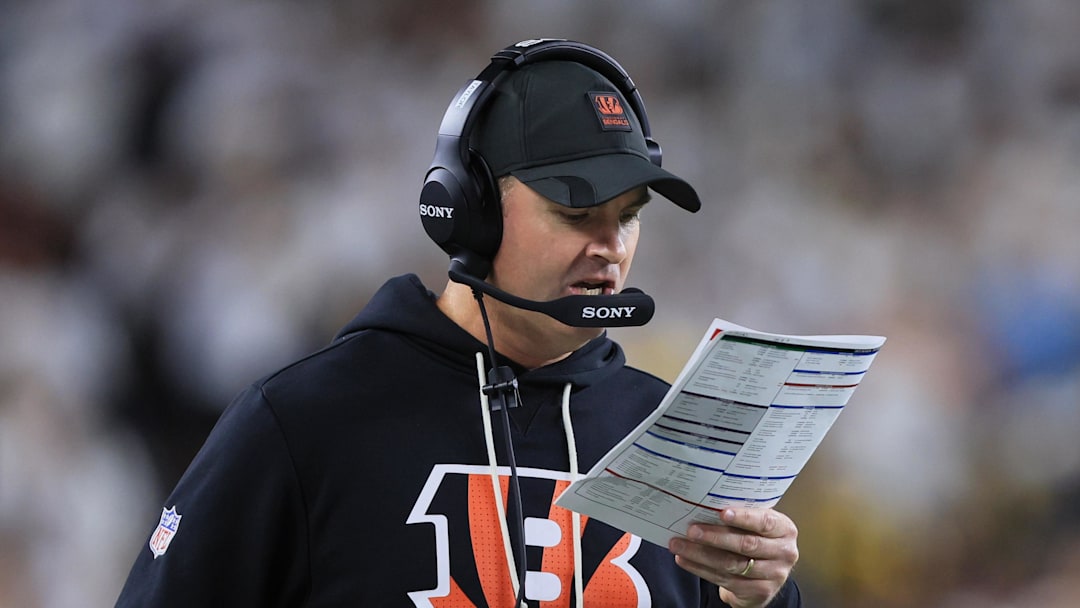 Oct 16, 2025; Cincinnati, Ohio, USA; Cincinnati Bengals head coach Zac Taylor calls a play against the Pittsburgh Steelers during the first half at Paycor Stadium. Mandatory Credit: Katie Stratman-Imagn Images