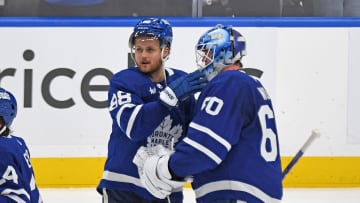 May 2, 2024; Toronto, Ontario, CAN;  Toronto Maple Leafs forward William Nylander (88) and goalie Joseph Woll (60)  celebrate after a win over the Boston Bruins in game six of the first round of the 2024 Stanley Cup Playoffs at Scotiabank Arena. Mandatory Credit: Dan Hamilton-USA TODAY Sports
