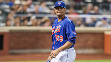 Aug 26, 2023; New York City, New York, USA;  New York Mets starting pitcher Carlos Carrasco (59) at Citi Field. Mandatory Credit: Wendell Cruz-Imagn Images