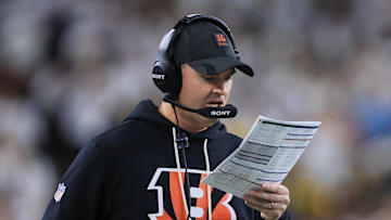 Oct 16, 2025; Cincinnati, Ohio, USA; Cincinnati Bengals head coach Zac Taylor calls a play against the Pittsburgh Steelers during the first half at Paycor Stadium. Mandatory Credit: Katie Stratman-Imagn Images