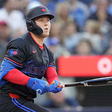Jul 18, 2025; Toronto, Ontario, CAN; Toronto Blue Jays third baseman Will Wagner (7) hits a two run double against the San Francisco Giants during the second inning at Rogers Centre. Mandatory Credit: John E. Sokolowski-Imagn Images