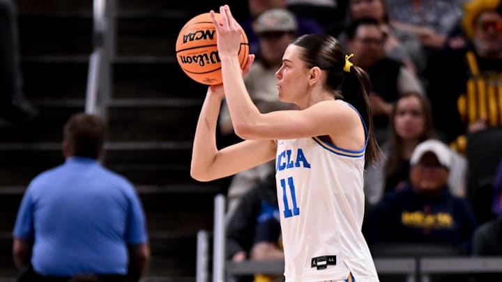 Mar 7, 2026; Indianapolis, IN, USA; UCLA Bruins forward Gabriela Jaquez (11) shoots the ball against the Ohio State Buckeyes during the second half at Gainbridge Fieldhouse. Mandatory Credit: Robert Goddin-Imagn Images