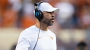 Dec 21, 2024; Austin, Texas, USA; Texas Longhorns wide receivers coach Chris Jackson against the Clemson Tigers during the CFP National playoff first round at Darrell K Royal-Texas Memorial Stadium. Mandatory Credit: Mark J. Rebilas-Imagn Images