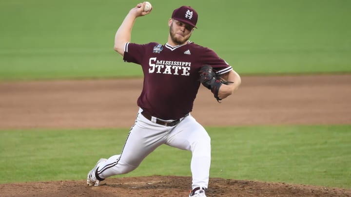 Jun 30, 2021; Omaha, Nebraska, USA;  Mississippi St. Bulldogs pitcher Landon Sims (23) pitches against the Vanderbilt Commodores in the eighth inning at TD Ameritrade Park. Mandatory Credit: Steven Branscombe-USA TODAY Sports