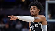 Oct 13, 2025; Indianapolis, Indiana, USA; San Antonio Spurs guard Dylan Harper (2) in the first half against the Indiana Pacers at Gainbridge Fieldhouse.