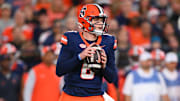 Syracuse Orange quarterback Kyle McCord (6) drops back to pass against the Miami Hurricanes during the first half at the JMA Wireless Dome. 