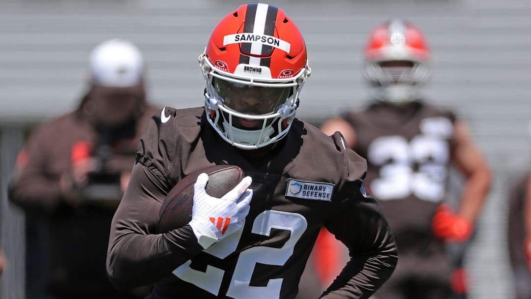 Cleveland Browns running back Dylan Sampson carries the ball during rookie minicamp, May 9, 2025, in Berea.