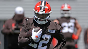 Cleveland Browns running back Dylan Sampson carries the ball during rookie minicamp, May 9, 2025, in Berea.