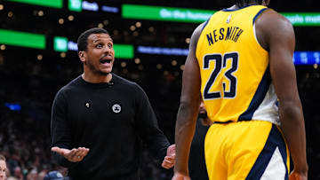 May 23, 2024; Boston, Massachusetts, USA; Boston Celtics head coach Joe Mazzulla reacts against the Indiana Pacers in the second half during game two of the eastern conference finals for the 2024 NBA playoffs at TD Garden. Mandatory Credit: David Butler II-Imagn Images