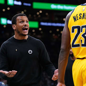 May 23, 2024; Boston, Massachusetts, USA; Boston Celtics head coach Joe Mazzulla reacts against the Indiana Pacers in the second half during game two of the eastern conference finals for the 2024 NBA playoffs at TD Garden. Mandatory Credit: David Butler II-Imagn Images