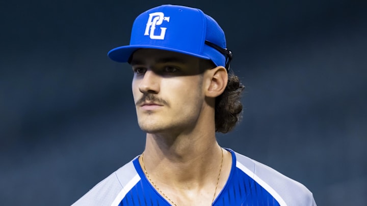 Aug 28, 2022; Phoenix, Arizona, US; East pitcher Bryce Eldridge (38) during the Perfect Game All-American Classic high school baseball game at Chase Field